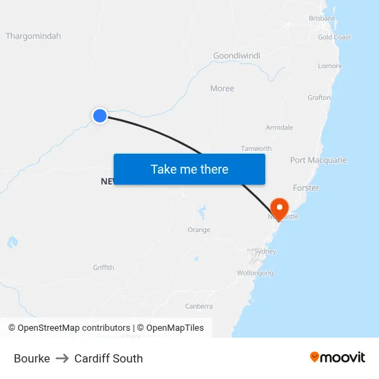 Bourke to Cardiff South map