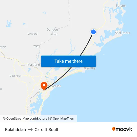 Bulahdelah to Cardiff South map