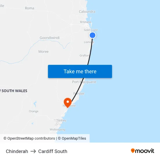 Chinderah to Cardiff South map