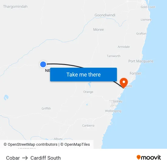 Cobar to Cardiff South map