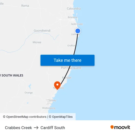 Crabbes Creek to Cardiff South map