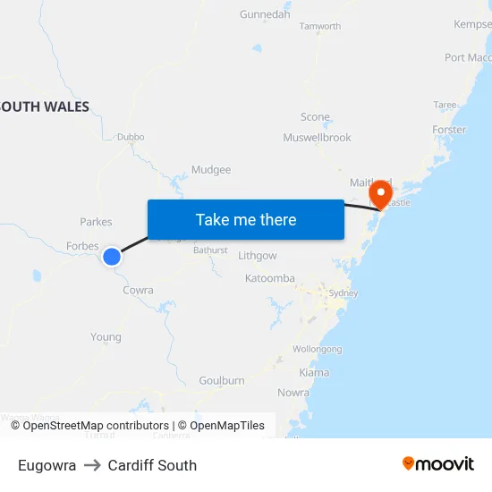 Eugowra to Cardiff South map