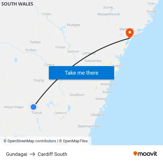 Gundagai to Cardiff South map