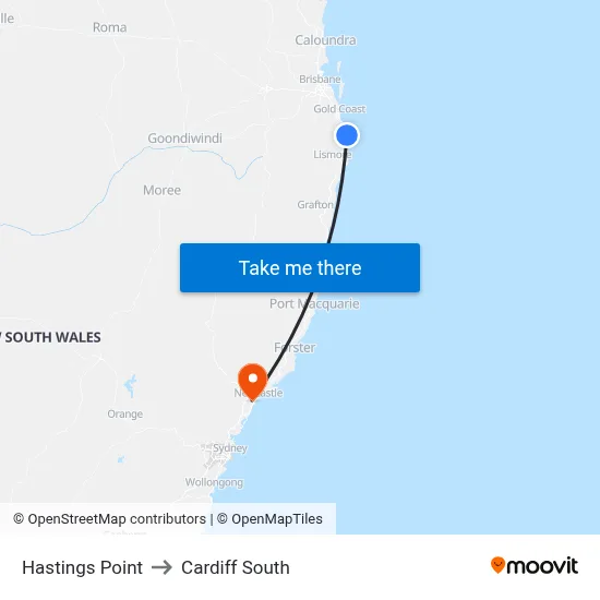 Hastings Point to Cardiff South map