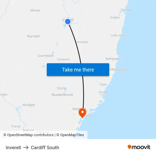Inverell to Cardiff South map