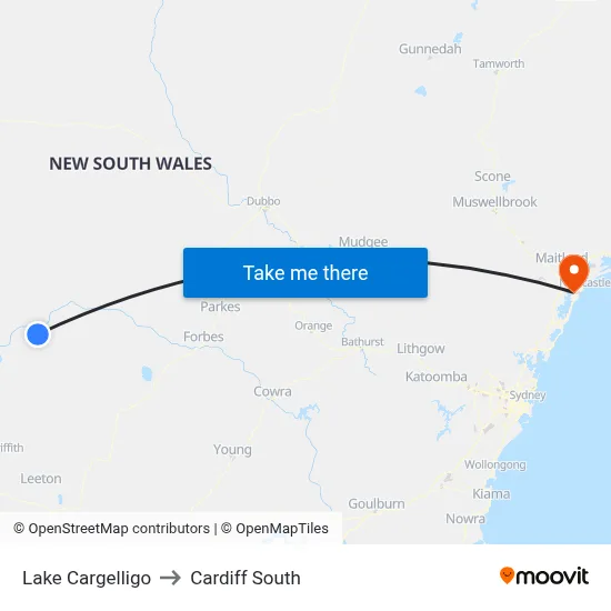 Lake Cargelligo to Cardiff South map
