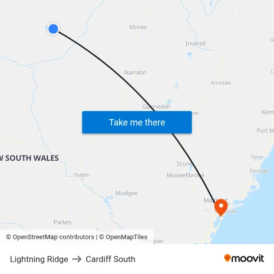 Lightning Ridge to Cardiff South map