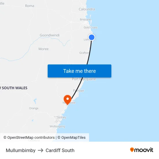 Mullumbimby to Cardiff South map