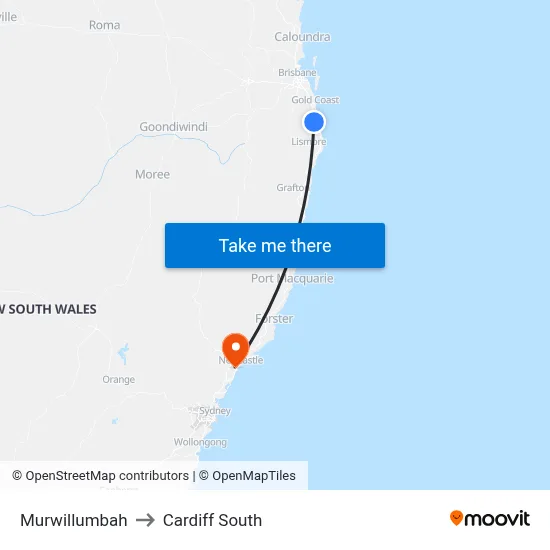 Murwillumbah to Cardiff South map