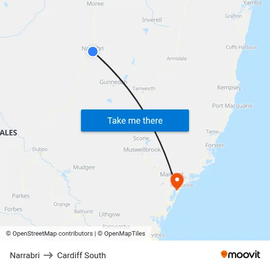 Narrabri to Cardiff South map