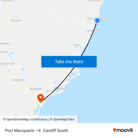 Port Macquarie to Cardiff South map