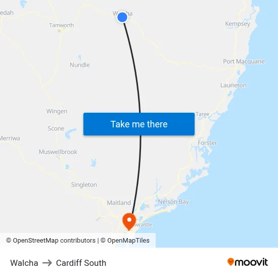 Walcha to Cardiff South map