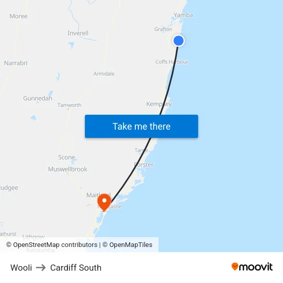Wooli to Cardiff South map