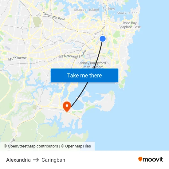 Alexandria to Caringbah map
