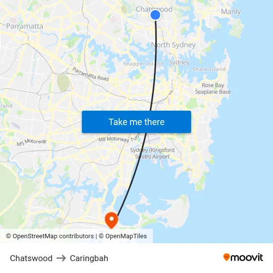 Chatswood to Caringbah map