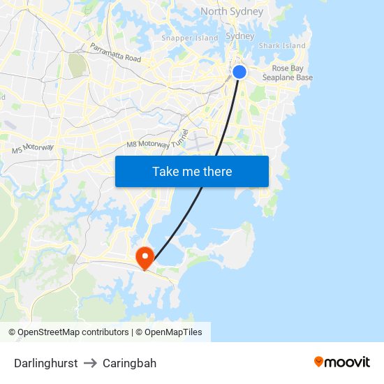 Darlinghurst to Caringbah map