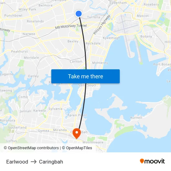 Earlwood to Caringbah map