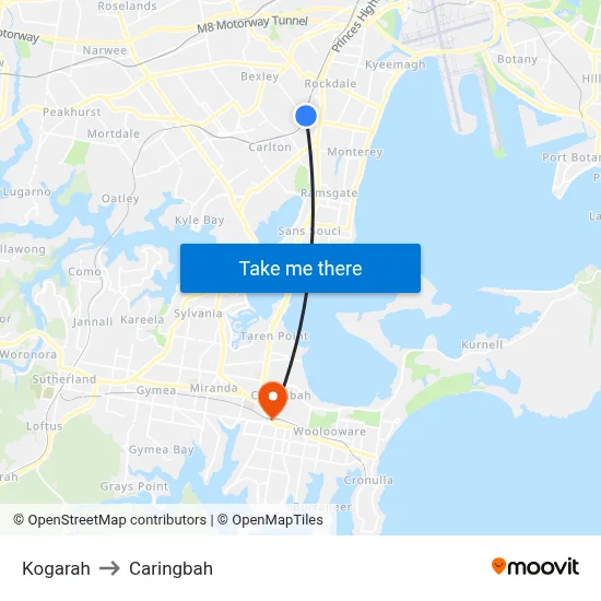 Kogarah to Caringbah map