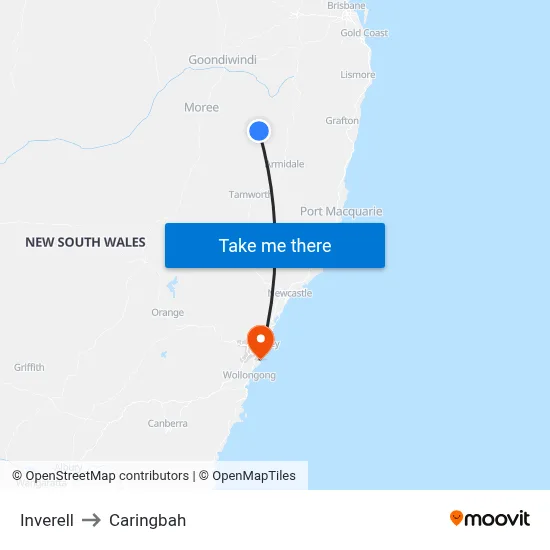 Inverell to Caringbah map