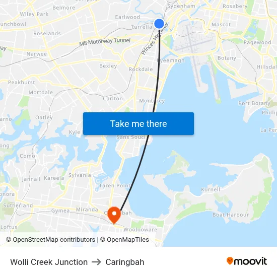Wolli Creek Junction to Caringbah map