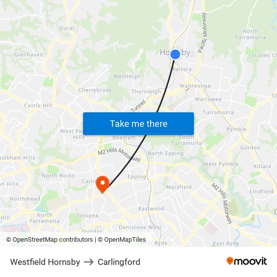 Westfield Hornsby to Carlingford map