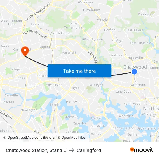 Chatswood Station, Stand C to Carlingford map