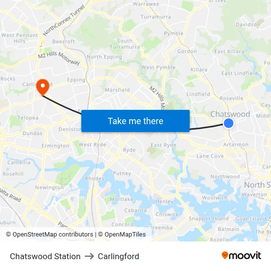 Chatswood Station to Carlingford map