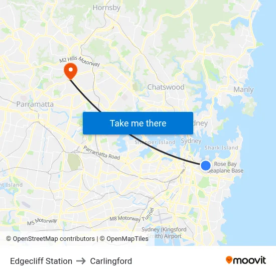 Edgecliff Station to Carlingford map