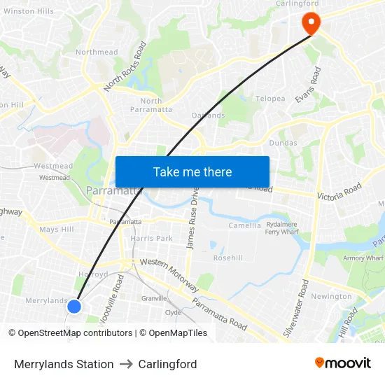 Merrylands Station to Carlingford map