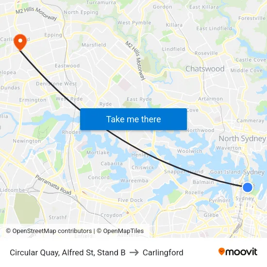 Circular Quay, Alfred St, Stand B to Carlingford map