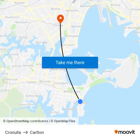 Cronulla to Carlton map
