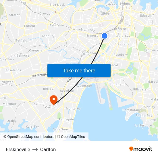 Erskineville to Carlton map