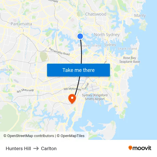 Hunters Hill to Carlton map