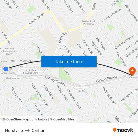 Hurstville to Carlton map