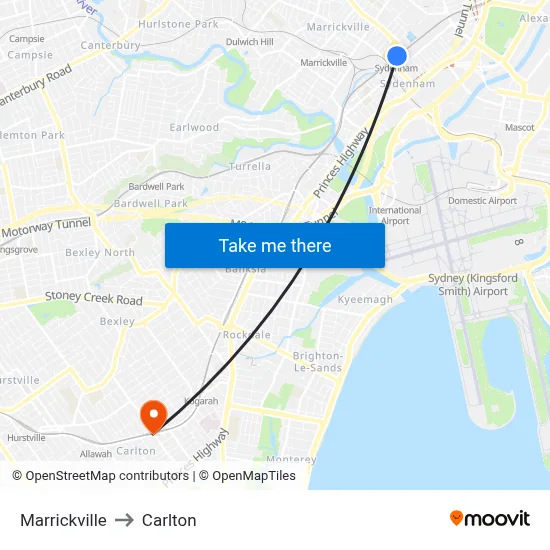 Marrickville to Carlton map