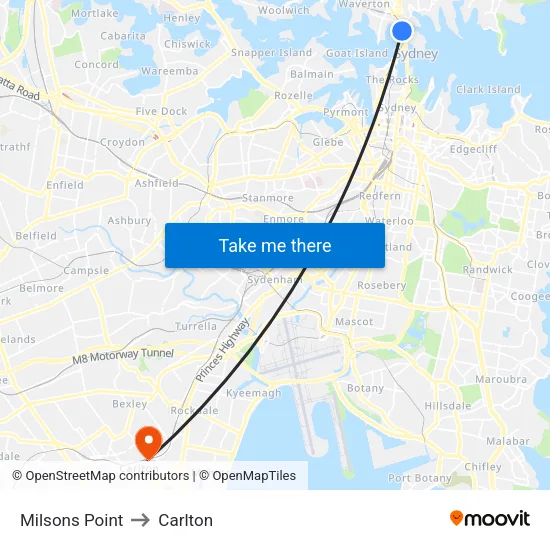 Milsons Point to Carlton map