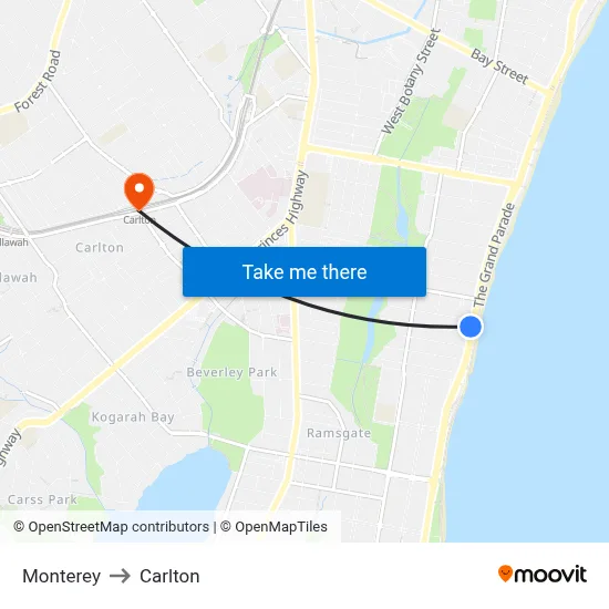 Monterey to Carlton map