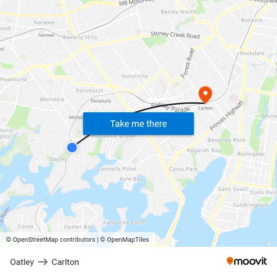 Oatley to Carlton map