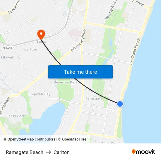 Ramsgate Beach to Carlton map