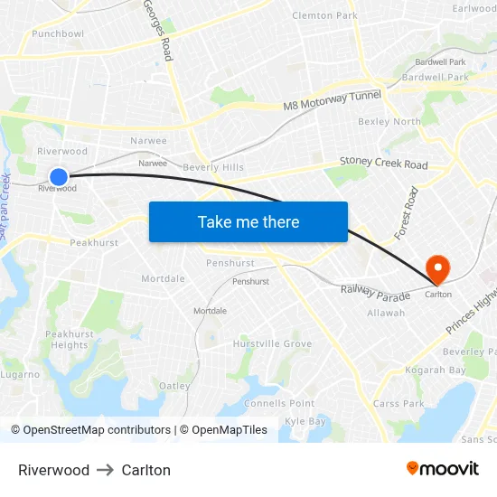 Riverwood to Carlton map