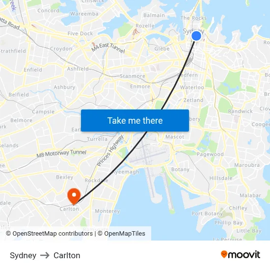 Sydney to Carlton map