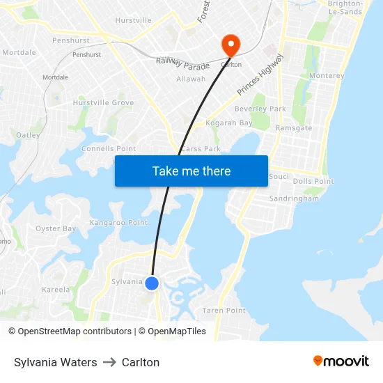 Sylvania Waters to Carlton map