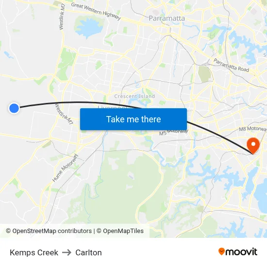 Kemps Creek to Carlton map