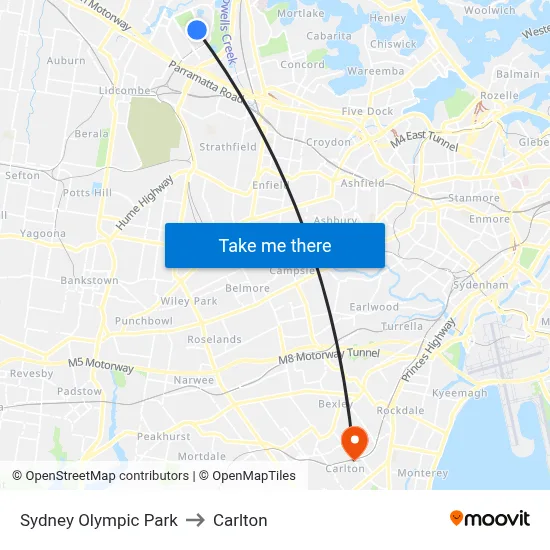 Sydney Olympic Park to Carlton map