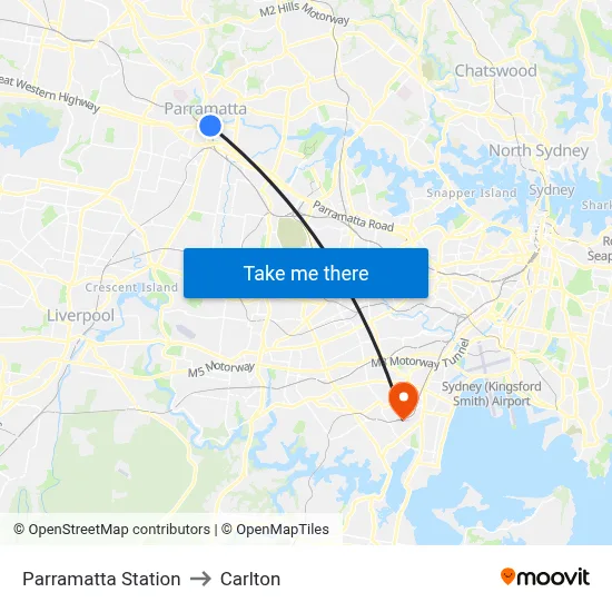 Parramatta Station to Carlton map