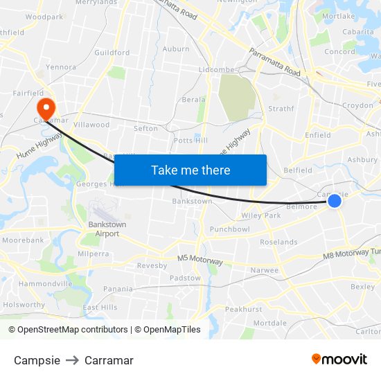 Campsie to Carramar map