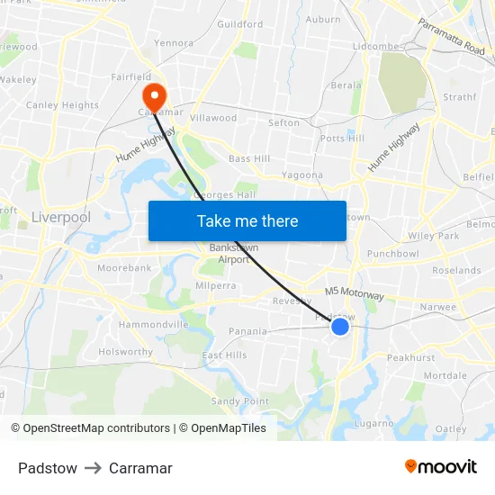 Padstow to Carramar map