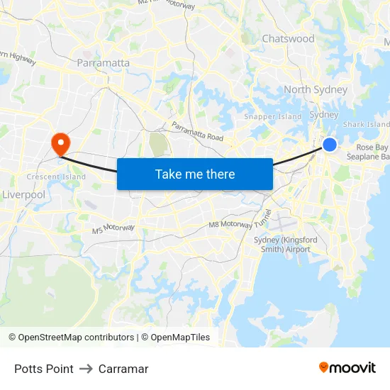 Potts Point to Carramar map