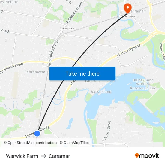 Warwick Farm to Carramar map