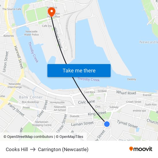 Cooks Hill to Carrington (Newcastle) map